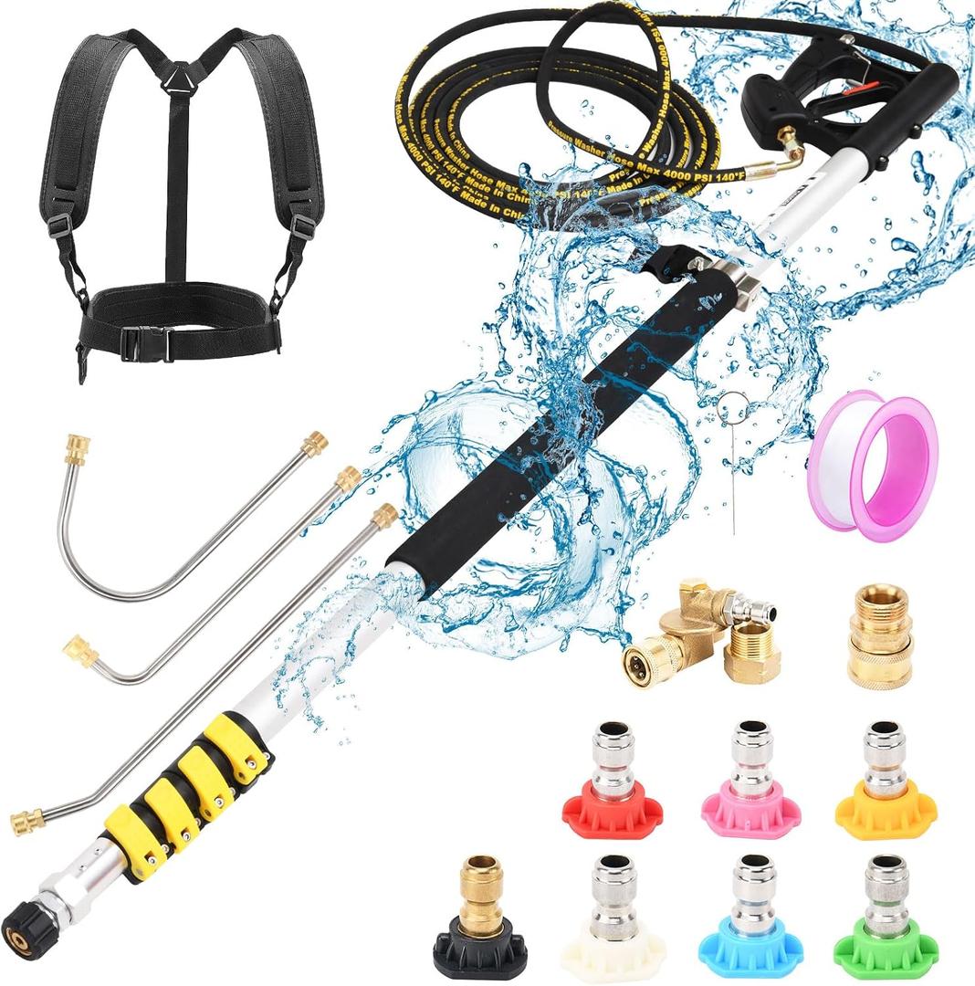 Pressure Washer Extension Wand 24 Feet with Telescoping Pressure Washer Wand, Gutter Cleaner, 7 Spray Nozzle Tips, Pivoting Coupler, 2 Hose Adapters and Support Belt