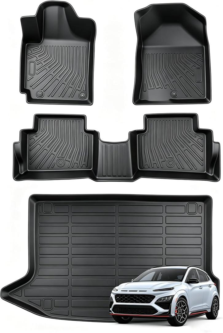Joruoo-All Weather Car Floor Mats & Cargo Liner Set for Hyundai Kona 2023 2022 2021 2020 2019 2018 & Kona N 2022 2023 (No Electric Models) Custom Fit Accessories,Black