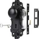 Mortise Lock Set for Interior Door, Matte Black Door Knob with Lock and Skeleton Key, Antique Old Style Door Knob Lock Replacement, Vintage Mortise Door Knobs for Interior Doors