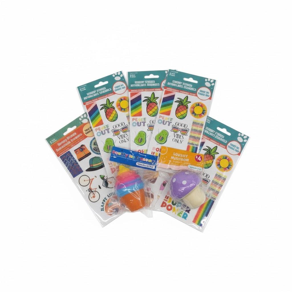 2 Set Squishy Purple Mushroom and Rainbow Cupcake Fidget toys, 7 Pack Fidget stickers