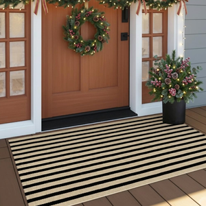 OJIA Outdoor Porch Rug Christmas Front Door Mat 24"x51", Black and Tan Rugs | Washable Striped Outdoor Rugs Front Door Rug Cotton Woven Welcome Mats Small Area Rugs for Entryway/Patio/Entrance Decor
