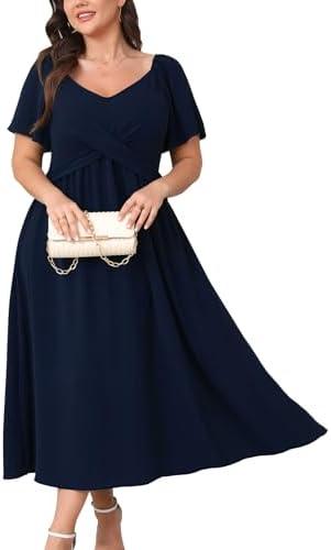 SCOMCHIC Women Plus Size Midi Dresses Short Sleeve V Neck Twist Front Summer Wedding Guest Smocked Flowy A Line Dress 2XL