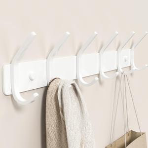 Coat Rack Wall Mount Hooks - 15 Inch Matte White Metal 6-Hook Organizer Wall Mounted, Modern Kids Room, Entryway & Bathroom Hanger for Beach Towels, Coats, Purses, Bags (1 Pack)