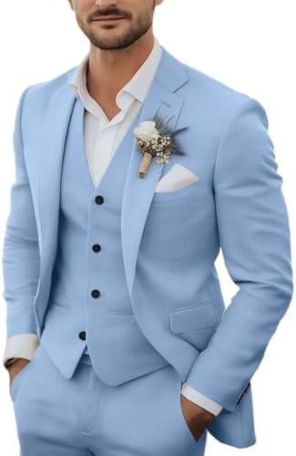 Men's 3 Piece Linen Suits Casual Lightweight Blazer Jackets Vest Pants Set for Wedding Business Prom Suit XXL