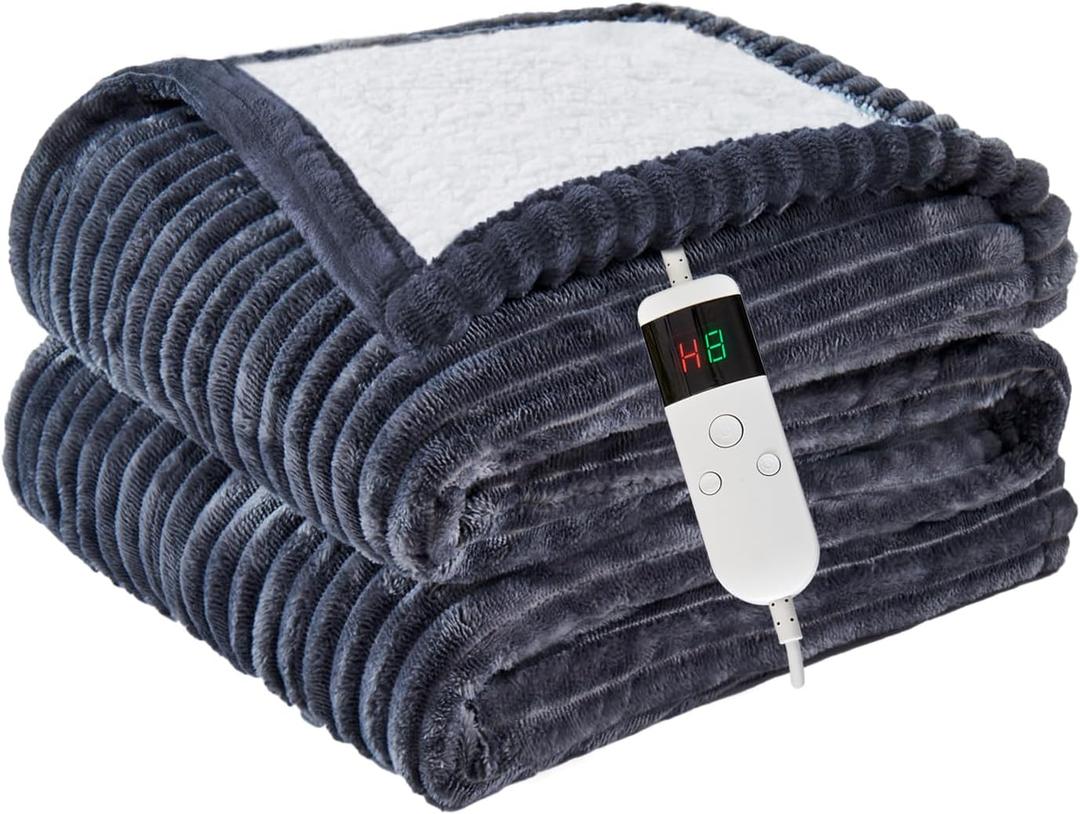 Heated Blanket Electric Throw, Soft Flannel Heating Blanket with 8 Hours Auto Off 10 Fast Heating Levels Machine Washable Sherpa Heated Blanket with Overheating Protection (Throw (50" x 60"), Light Gray)