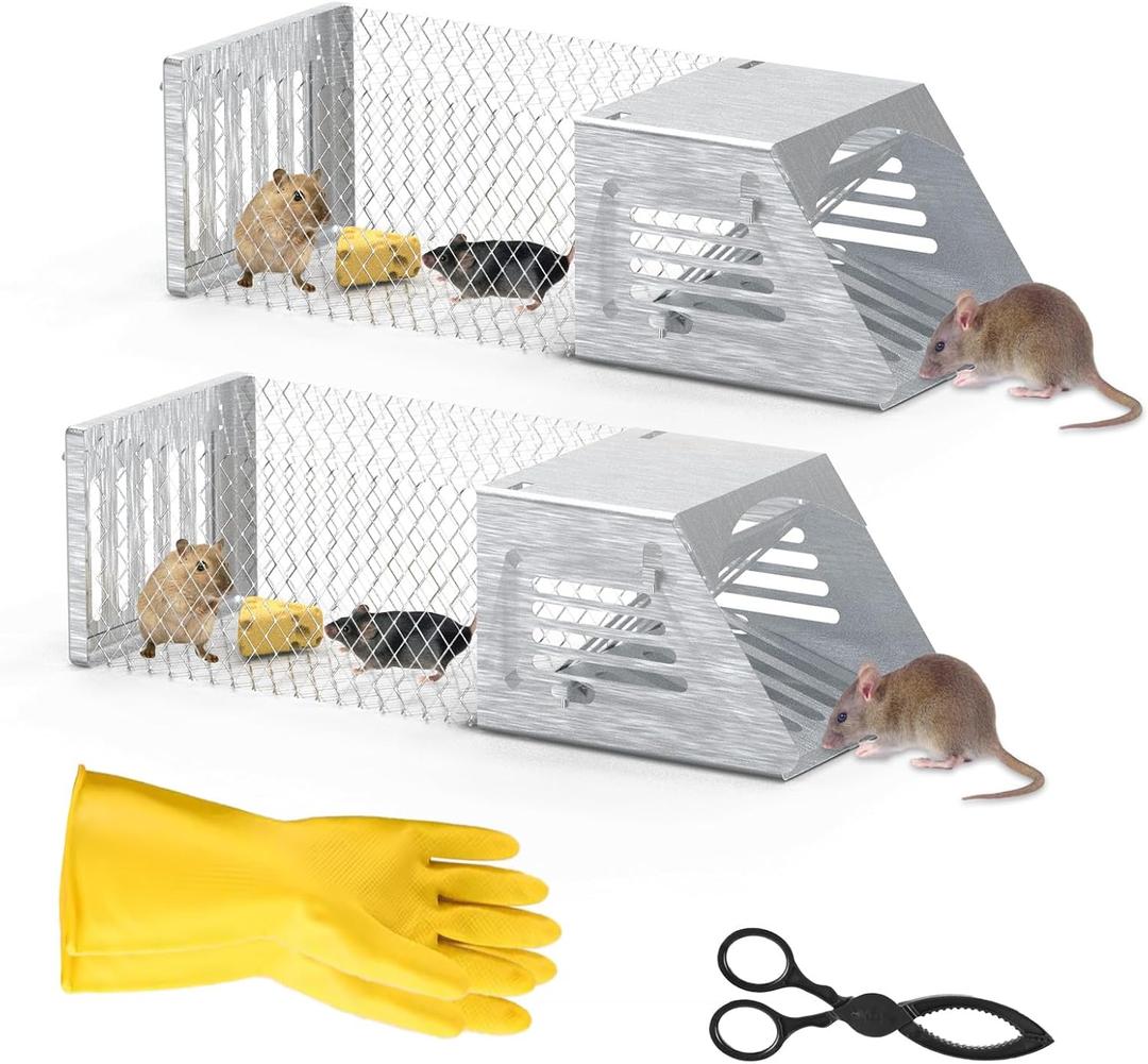 Humane Rat Trap, 2 Pack Combined Automatic Continuous Mouse Traps Cage, Reusable Small Rodent Chipmunk Squirrel Trap Live Animal Cage Catch and Release Mice Catcher for Indoor and Outdoor