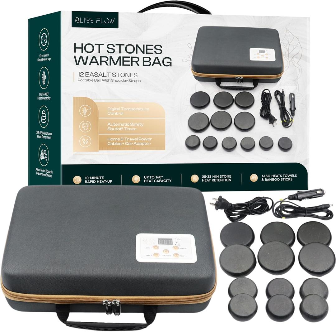 Hot Stones Massage Set with Portable Warmer, 12 Basalt Massage Stones, Hot Rocks Massage Stones, Hot Stone Warmer with Bag and Built-in Digital Control