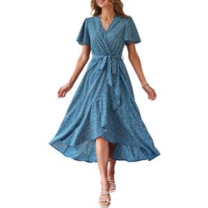 PRETTYGARDEN Women's Summer Floral Boho Dress Wrap V Neck Short Sleeve Ruffle A-Line Flowy Maxi Wedding Guest Dresses (Print Blue, Medium)