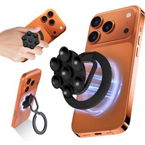 4 in 1 Sticky Phone Grip Holder for Magsafe,Double Sided/Suction Cup Case Mount,Magnetic Phone Stand for iPhone 17/16/15/14/13/12 Pro Max,Vacuum Ring Holder for Kindle/Android/Tiktok Content Creator (Black)