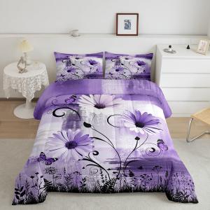 Rustic Floral Comforter Set King Size,Farm Daisy Flowers Butterfly Country Bedding Set All Season Quilt Set,Purple Abstract Art Graffiti Microfiber Polyester Down Comforter (Multi 16)
