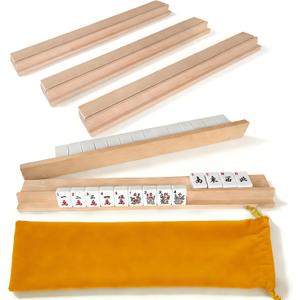Beech Wood Mahjong Racks with Pushers, Premium Hardwood Tile Holders in Natural Finish, 17.3 Inch Durable Trays Set of 4 for American Mahjong & Dominoes, Smooth Surface Game Accessories(Natural)
