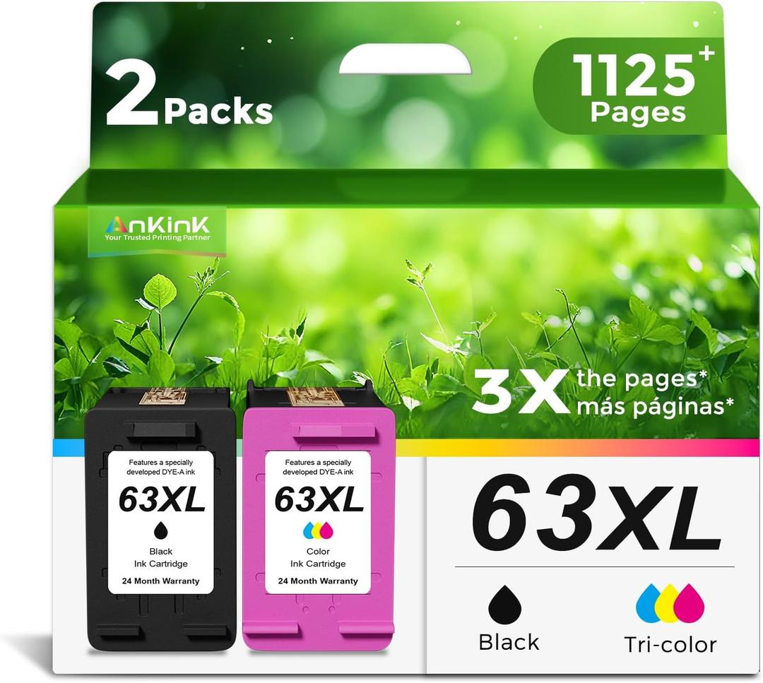 Ankink 63XL Ink Cartridges Replacement for HP 63 XL (Black Color Combo Pack) Fit for HP63 3830 4650 4652 4655 5200 5252 5255 5258 4520 4512 1112 2132 3630 3632 3631 2130 4510 4654 Printers BK Tricolor