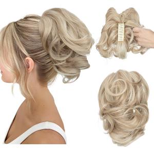 CJL HAIR Claw Clip Short Ponytail Hair Extensions DIY Bendable Metals Messy Bun Hair Piece for Wonen Wavy Curly Synthetic Fake Hairpieces Sunny Blonde