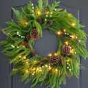 Pinkpuii Prelit Christmas Wreaths for Front Door 24 Inch- Real Touch Norfolk Pine Wreath with Lights,Green Evergreen Outdoor Xmas Wreath with Natural Pine Cones and Berries for Farmhouse Home Decor