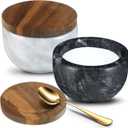 Maxdot 2 Pcs Marble Salt and Pepper Bowls with Wood Lid Marble Salt Cellar Box Black and White Spice Bowls Seasonings Keeper Pepper Container with Scoop Large Capacity Gifts for Kitchen