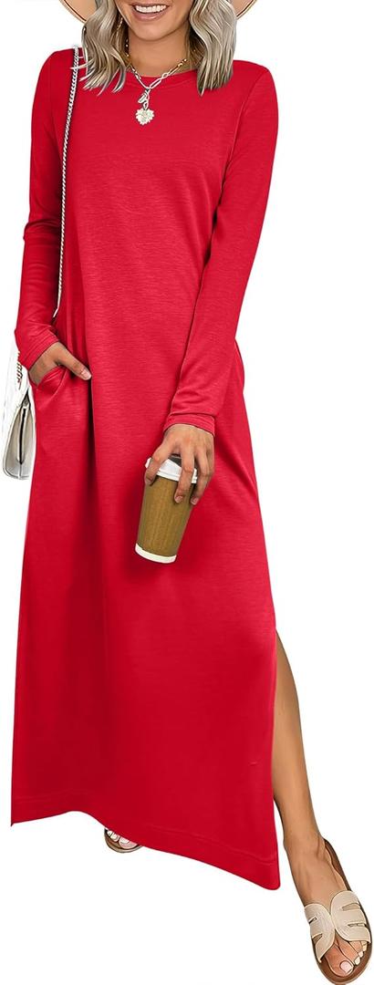ANRABESS Women Long Sleeve Dresses 2025 Fall Casual Crewneck Loose Fit Split Flowy Wrinkle-Free Travel Vacation Maxi Dress (Red) XL