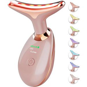 Red Light Therapy for Face and Neck, 7 Color Face Massager Tool for Wrinkles, Double Chin, Vibrating Facial Massager with Thermals for Skin Care, Rose Gold