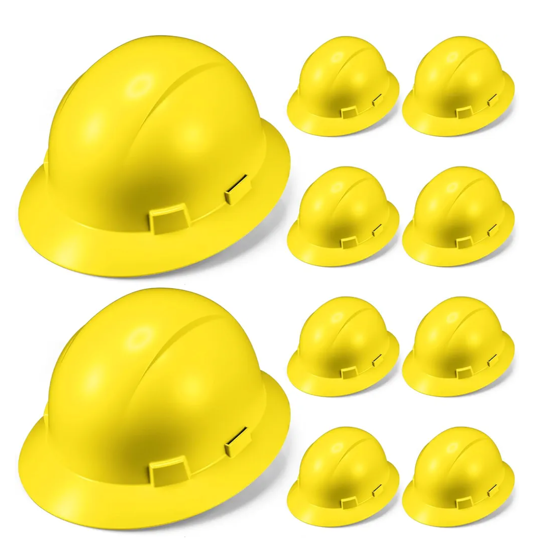 10 Pack Full Brim Hard Hat, White Construction Hard Hat, HDPE Safety Helmet with 6-Point Adjustable Ratchet Suspension for Men and Women