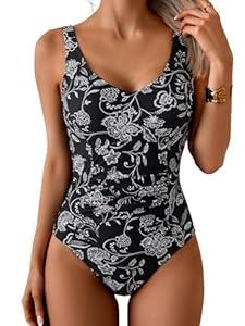 Aidonger One Piece Swimsuit Tummy Control Bathing Suit for Women Ruched Slimming Swim Suit Modest Push Up Swimwear, L