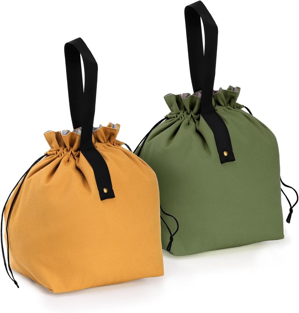 Yesland 2 Pack Reusable Lunch Bag, Canvas Insulated Lunch Handbag Tote Bag with Handle and Drawstring Closure Foldable and Lightweight Lunch Box for Work, Office, Picnic, Travel, Yellow, Green