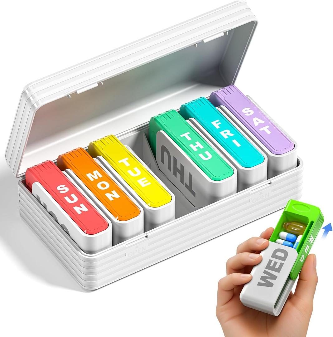 Betife Removable Travel Pill Organizer, Weekly Pill Organizer for 1 Time a Day with Easy Sliding Drawers, Large Pill Box with Airtight Seals for Supplements and Vitamins, White