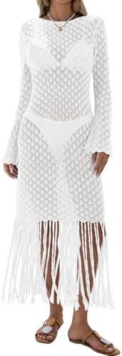 Fisoew Women's Swimsuit Crochet Cover Ups Summer Long Sleeve Tie Back Fringe Hem Beach Vacation Coverup Maxi Dress Size Large