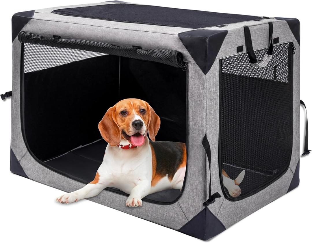 Dog Crates - 36 Inch Collapsible Soft Dog Crate, 3-Door Foldable Soft Kennel for Large Dogs, Portable Pet Travel Cage with Chew Proof Mesh Window for Outdoors (Light Gray)