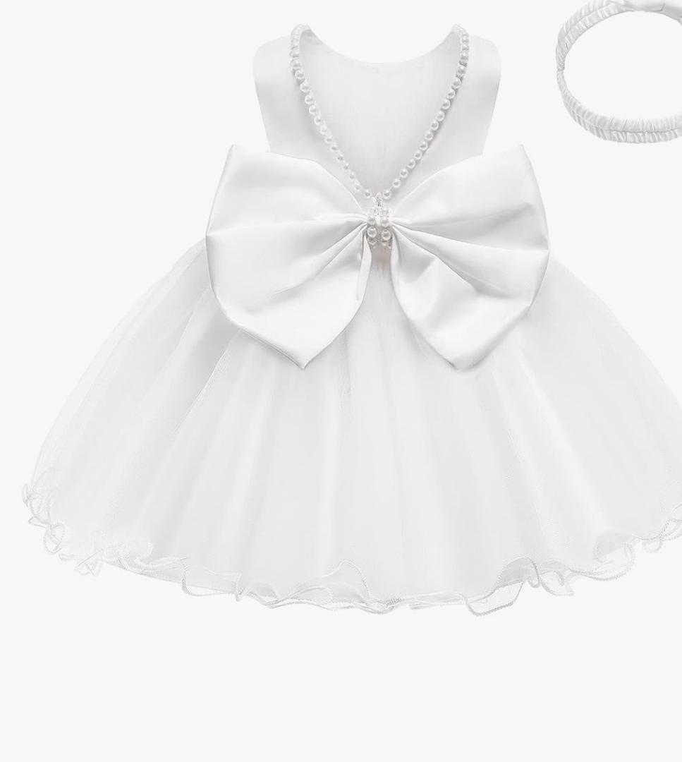 Baby Girls Dress Ruffle Lace Backless Bowknot Pageant Party Flower Wedding Dresses One One Size, White