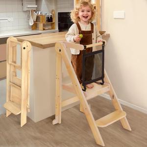 Foldable Toddler Tower, 3 Adjustable Height Toddler Standing Tower, Wooden Kids Kitchen Stool Helper with Safety Rails, Space Saving Kids Step Stool - Ages 18 Months to 6 Years (Nature)