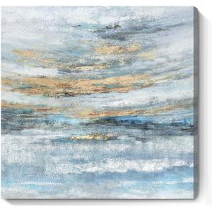 Abstract Canvas Wall Art Framed Light Blue Canvas Print Coastal Theme Artwork Modern Ocean Skyline and Sunset & Sunrise in the Seaside Large Sea Picture for Home Bedroom Decor 24x24inch