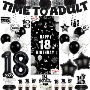 Black 18th Birthday Party Decorations - Time to Adult 18 Years Old Decoration Banner with Door Banner Hanging Swirls Balloons Cake Topper, Sweet Happy 18th Birthday Party Supplies for Boys Girls