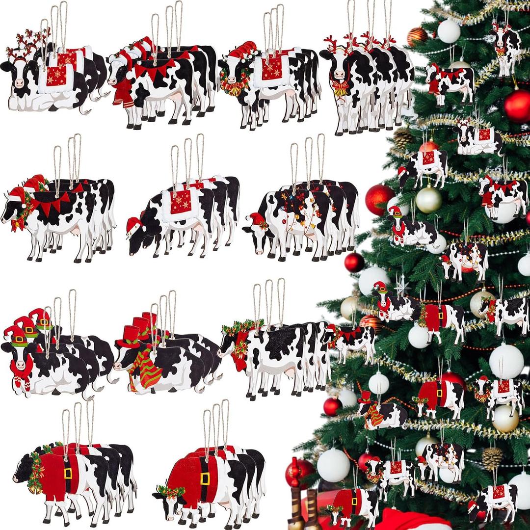 2 x Hoteam 36 Pcs Cow Christmas Ornaments Wooden Cow Ornaments for Christmas Tree Animal Hanging Decor for Farmhouse Home Xmas Holiday Crafts Party Supplies Decorations