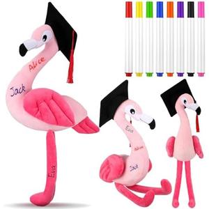 Blueweenly 12 Inch Graduation Autograph Stuffed Animal Flamingo Plush with Graduation Cap Smooth Fabric Congrats Grad Stuffed Flamingo with 8 Colored Marking Pens for Graduate Student Party Supply
