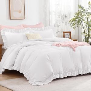 Andency White Ruffle Duvet Cover Queen(90x90Inch), 3 Pieces Soft Washed Microfiber Vintage Shabby Chic Farmhouse Ruffled Duvet Cover Set with Zipper Closure & Corner Ties
