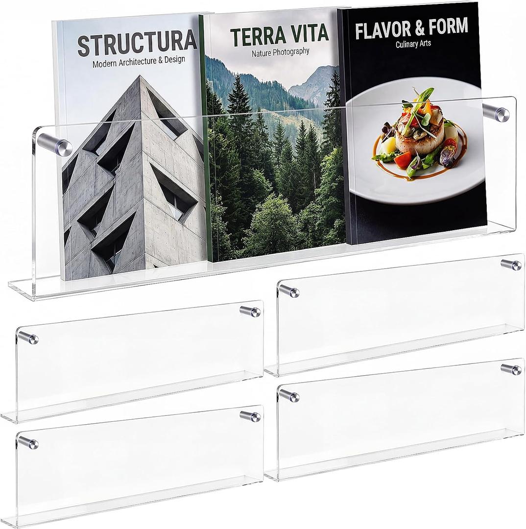 4 Pack Clear Acrylic Magazine Holder Brochure Holder Wall Mount Hanging Bookshelf Literature Storage Rack for Document Brochure File Display Shelf for Waiting Living Room Office (24 Inch)
