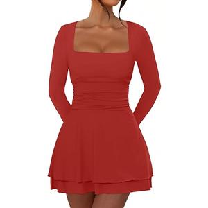 Women's Long Sleeve Mini Dress Square Neck Ruffle Hem Ruched Waist Short Party Dresses (Red,Medium)