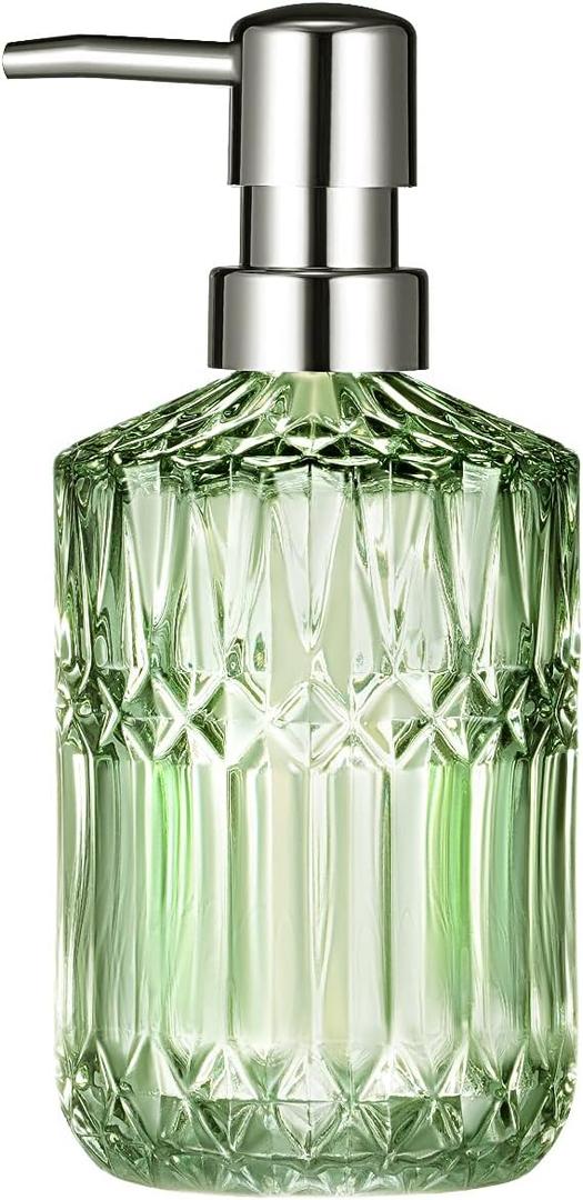 Diamond Design 12 Oz Green Glass Soap Dispenser,Refillable Lotion Soap Dispenser for Bathroom, Kitchen, Hand Soap, Dish Soap,Shampoo, Ideal for Bathroom Countertop. (Clear Green)