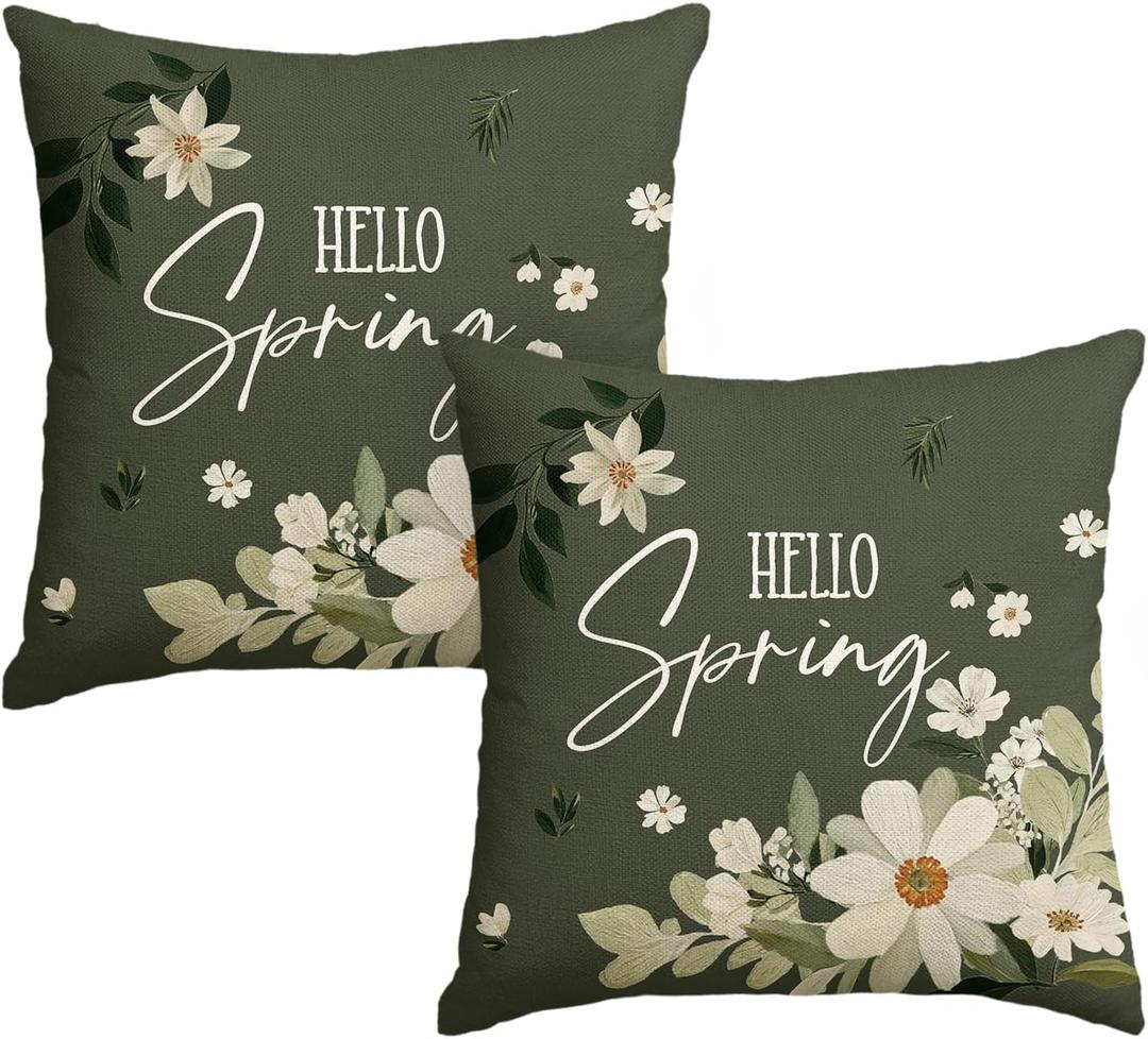 AVOIN colorlife Hello Spring White Daisy Throw Pillow Covers, 18 x 18 Inch Dark Green Eucalyptus Leaves Cushion Case Decoration for Sofa Couch Set of 2