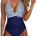 Women's One Piece Swimsuits Tummy Control Bathing Suits V Neck Colorblock Front Cross Swimwear M Blue