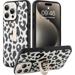 Compatible with iPhone 15 Pro Max Case for Women Girls, Cute Cheetah Leopard Pattern, Built in Adjustable Wrist Strap Grip Hand Holder Stand Shockproof Kickstand Cover (Black White)