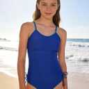 Funnycokid Teen Girls Swimsuit Padded Bathing Suit 2 Piece Tankini Contrast Trim Ruched Design Swimwear 9-16Y (15-16 Years, Blue)