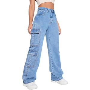 Women's High Waist Baggy Cargo Jeans Flap Pocket Y2K Streetwear Wide Leg Denim Pants (Blue, L)