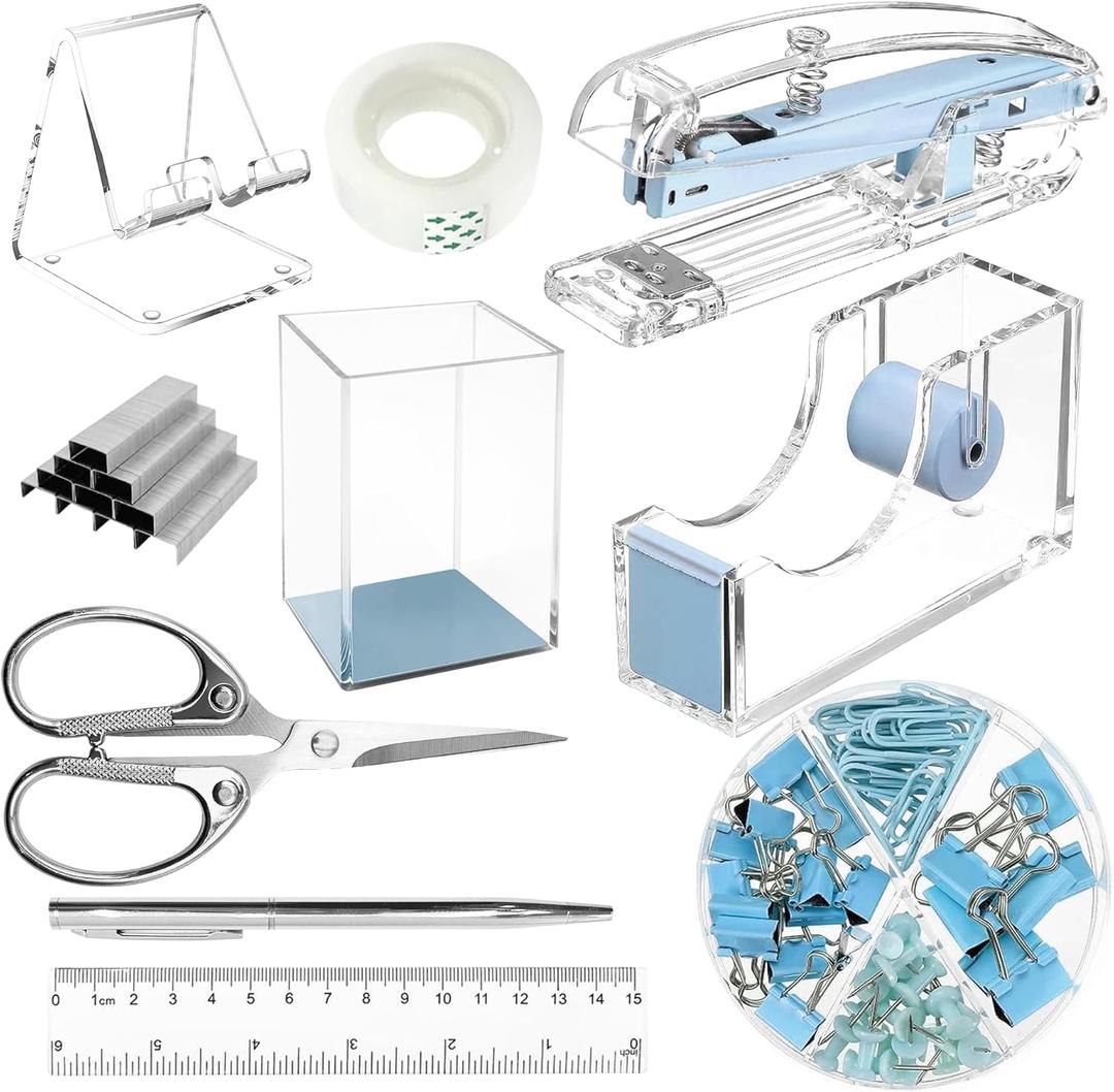 DRQ Blue Desk Organizers and Accessories Office Supplies, 10Pcs Set for Office with Stapler, Tape Dispenser, Pens, Pen Holder, Phone Holder, Tape, Ruler, 1 Box Staple, Scissors and 1 Box of Clip