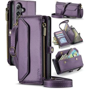 for Samsung Galaxy S23 FE Wallet Case with Zipper Card Holder & Crossbody Lanyard Strap & Wrist Strap, RFID Blocking PU Leather Magnetic Flip Handbag Purse Case for Samsung S23 FE -Purple