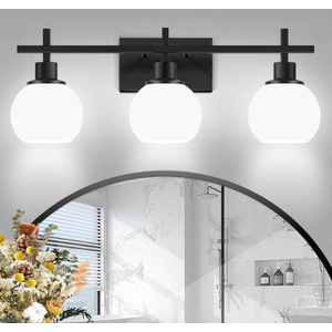 Dpyrrhic Modern Vanity Lighting Fixtures,3Light Black Bathroom Lighting Fixtures Over Mirror，Bathroom Wall Mounted Vanity Light with Milky White Glass Lampshade for Living Room，Bedroom，Hallway