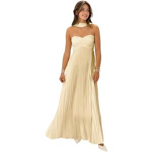 Women Bridesmaid Dress with Scarf Strapless Pleated Flowy Formal Evening Gown Maxi Dresses (Gold, S)