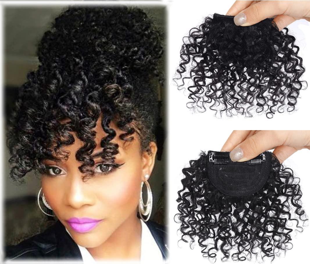 Afro Kinly Curly Bangs Clip in Hair Extensions Natural Fake Fringe Bangs Short Curly Human Hair Bangs Clip on Hair Piece Jerry Curly Fringe Hair Black Color