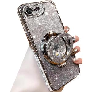Glitter Kickstand Case for iPhone 17e/iPhone 16e,Cute Bling Sparkly Diamond Rhinestone with Camera Protector Liquid Flowing Ring Stand Soft TPU Women Girls Case for iPhone 17e/16e 6.1",Silver
