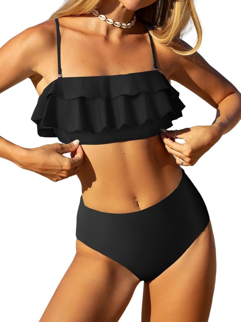 ZAFUL Layered Ruffle Bikini for Women High Waisted Bikini Sets Spaghetti Bandeau Swimsuits Padded Bathing Suit (Small, Solidblack)