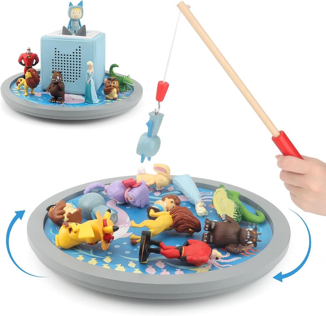 360 Round Turntable for Tonies Figures Storage, Fun Fishing Game with Magnetic Hook to Catch for Tonies Characters, Ocean Theme Wooden Organizer Storage Shelf Display for Toniebox 1/2
